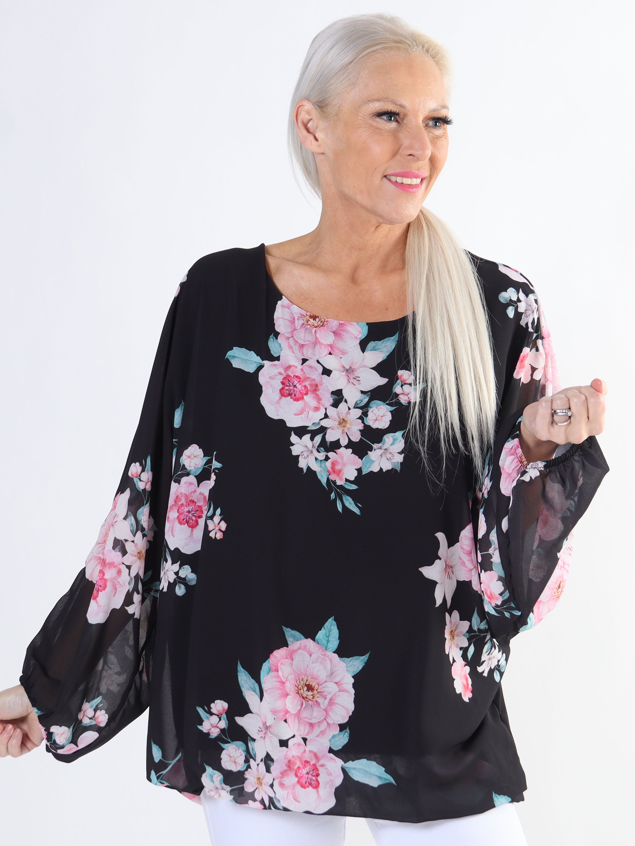 Destiny Rose - Plus size bluse i chiffon med bonderoser